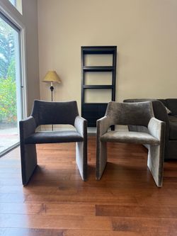 Pair of Modern Gray Velvet Upholstered Armchairs / Dining Chairs