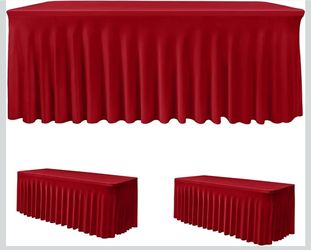 2 Pack Red Spandex Table Cover for 8 Foot Table, Fitted Stretch 96 Inch Skirt for Christmas Buffet, Large Party