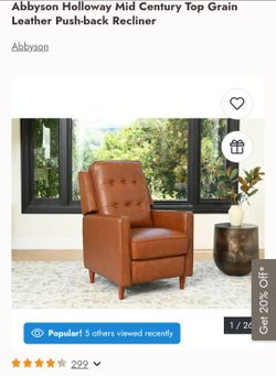 Abbyson Holloway Mid Century Top Grain Leather Push-back Recliner