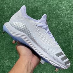 ADIDAS ICON 5 BOUNCE W LOW “WHITE / METALLIC SILVER” METAL SOFTBALL / BASEBALL CLEATS (Size 11.5, Women’s = Size 10, Men’s)