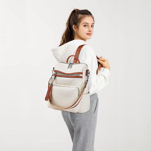 OPAGE Leather Backpack Purse for Women Large Fashion Tassel Ladies Shoulder  Bags Designer Backpack Travel Bag Beige