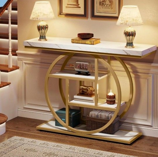 41.3" Console Table, Industrial 4-Tier Sofa Entryway Table with Circle Base, Narrow Wood Accent Tables with Storage Shelves for Living Room, Hallway,