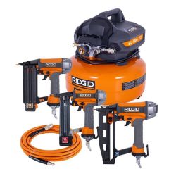 RIDGID 6 Gal. Portable Electric Pancake Air Compressor w/ 18GA Brad Nailer, 16GA Straight Finish Nailer, & 18GA Finish Stapler