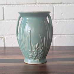 1920s Antique Art Deco Vase Floral Pottery Aqua Blue Glazed Vintage Pot