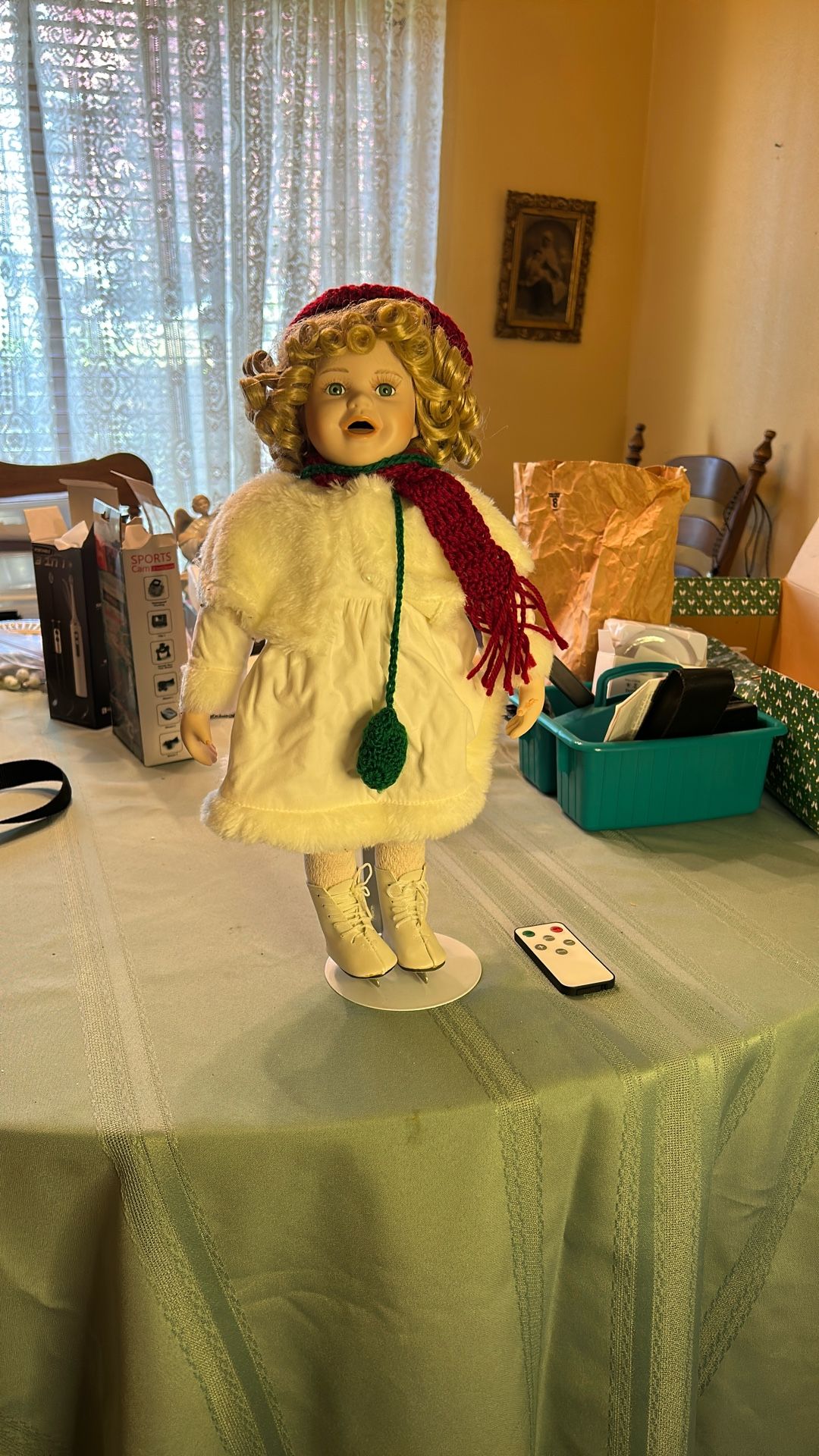 Ice Skating Porcelain Doll. For Display Only. On Stand.