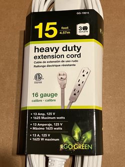 15ft 16/3 Extension Cord 3-Outlets, Heavy Duty, GoGreen Power Inc. (GG-19615), Go Green, 15 ft  White