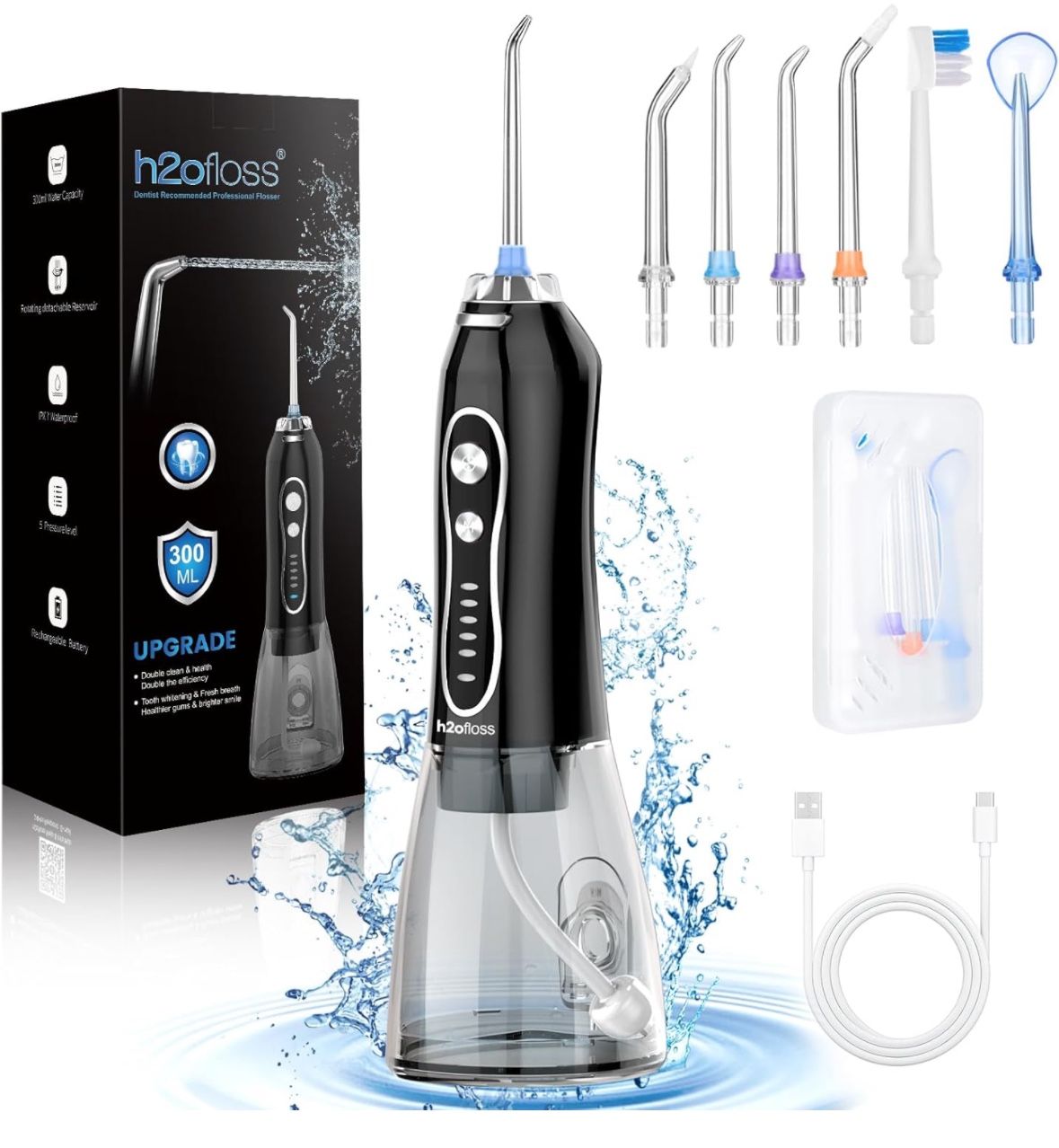 Water Dental Flosser, Teeth Pick -Portable Oral Irrigator with 5 Modes, Rechargeable IPX7, Black