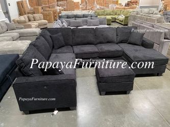 NEW Large U Shape BLACK Chenille Fabric Sectional Sofa and Chaise with Ottoman Set Ashley Style BIG Couch SALE Sleeper Can combine into Bed Clearance