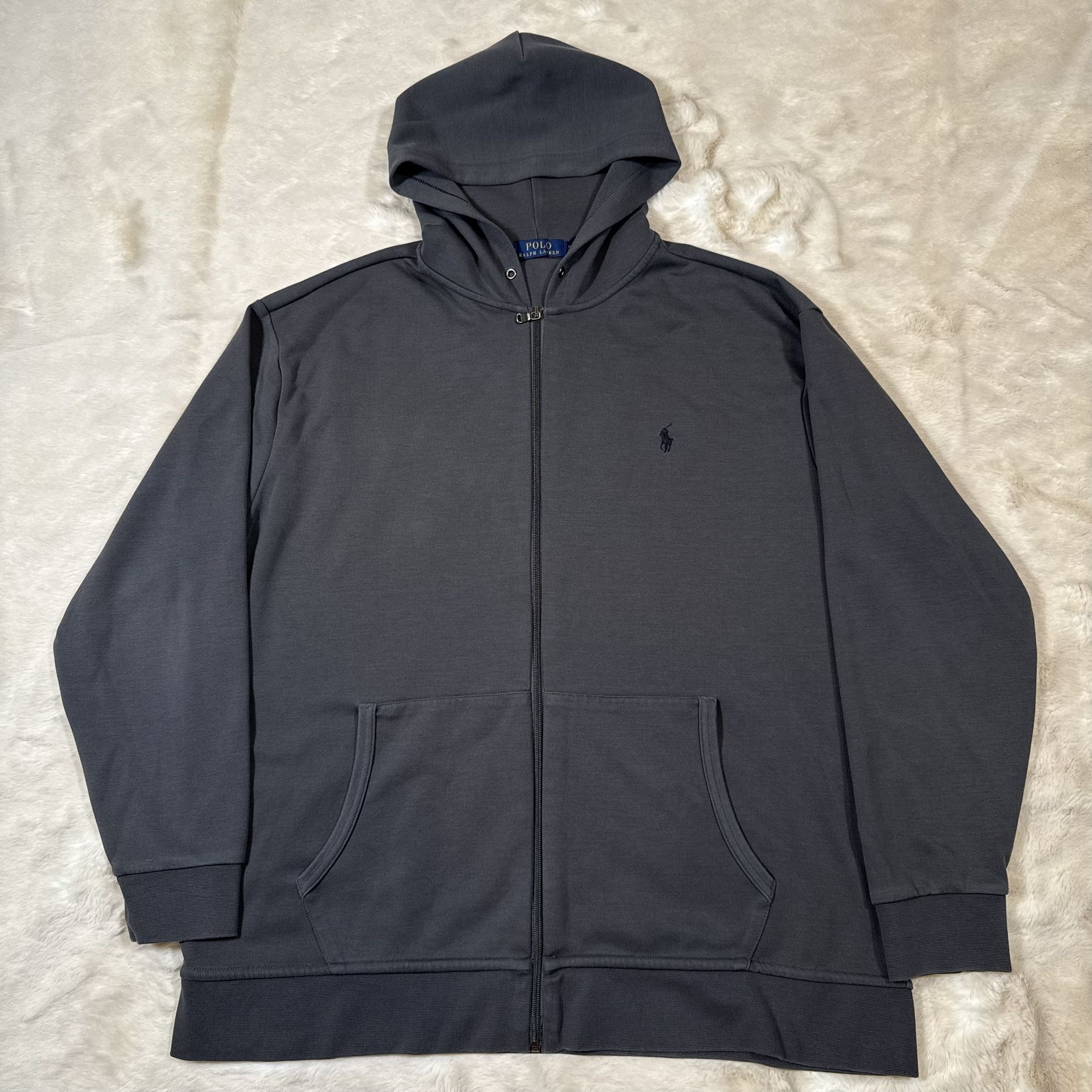 Polo Ralph Lauren Hoodie Mens 2XB Big Double Knit Tech Fleece Zip Sweater Grey