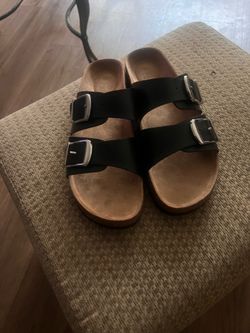 Time And Tru Women's Black Leather Double Buckle Adjustable Slide Sandals 11
