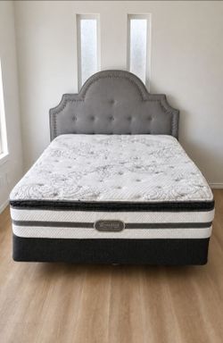 Queen Simmons Beautyrest Pillowtop Mattress, Boxspring, Metal Bed Frame and Headboard