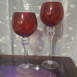 Set of 2 Red Glass Candle Holders / Centerpieces