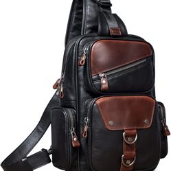 CENUNCO Genuine Leather Sling Bag for Men Large Crossbody Shoulder Bag Casual Sling Backpack Anti-