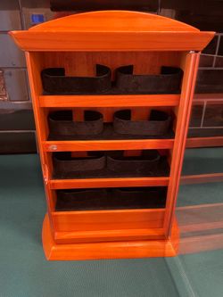 Beautiful solid cherry wood swivel jewelry display case with glass doors