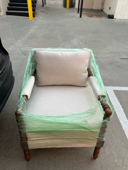 Cream Upholstered Armchair with Wood Legs