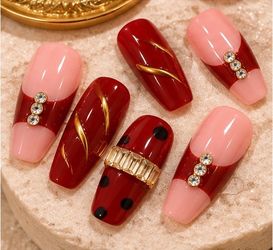 Red and Pink Press-On Nails with Gems