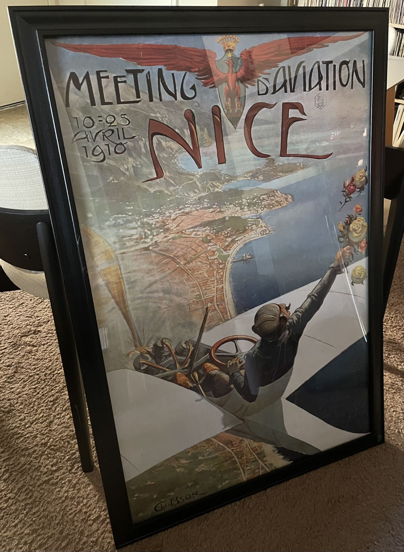 Large Framed France Nice Aviation Pop Art Deco Poster