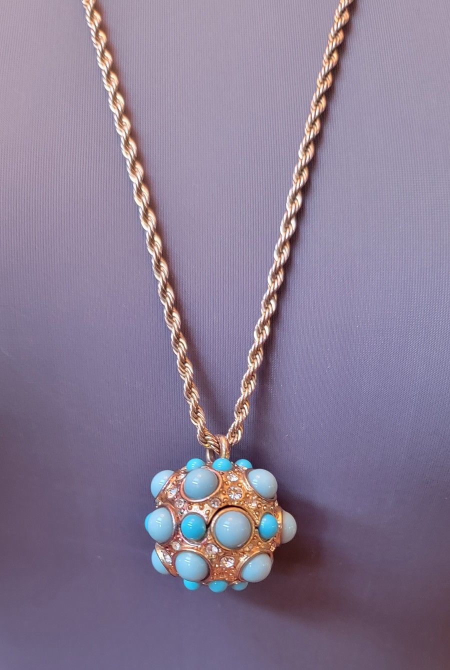 Kenneth Lane Vintage Long Gold Chain Necklace Blue Cabachon