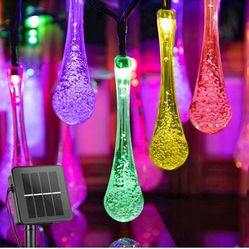 60LED 35ft Solar String Lights Outdoor, Multicolor Waterproof Water Drop Lcicle Christmas Lights for