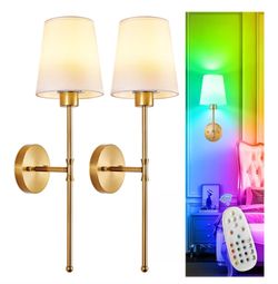 Battery Operated Wall Sconce: Set of 2 Wireless Wall Lights with 10000mAh Dimmable Bulbs and Remote for Bedroom - Rechargeable 15 Colors Gold Wall Lam