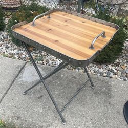 Folding table/ tray with metal base and wood top