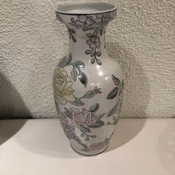 Vintage WFBI Chinese  Vase 12.50” Tall Porcelain Vase Floral With Enamel Finish Hand Painted  The colors are pink , green , purple , yellow 