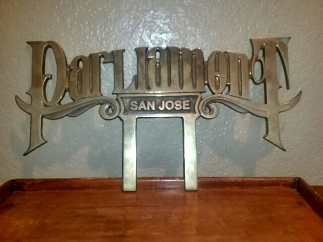 VINTAGE BRASS " PARLIAMENT SAN JOSE CALIFORNIA " CAR CLUB PLAQUE