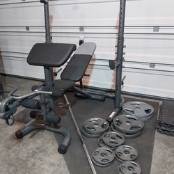 Home Gym  / Weights, Barbell, Squat Rack, Bench, Free Floor Mat 