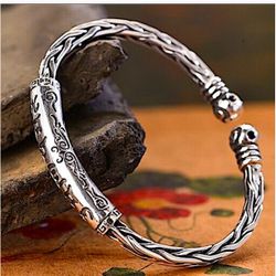 S925 Silver Handmade Vintage Elegant Unique Open Cuff Bracelet Bangle