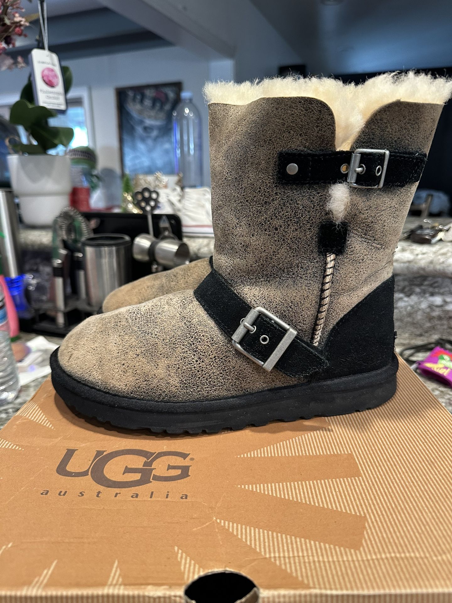 Ugg Australia Women's Short Dylyn Black Tan Sheepskin Buckle Boot Size 7 US With Box