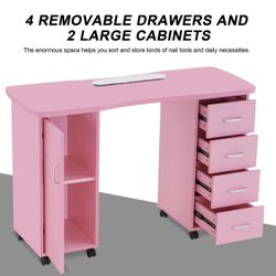 Barberpub 0611 Pink Manicure Table Brand New In Box With Storage and Wheels