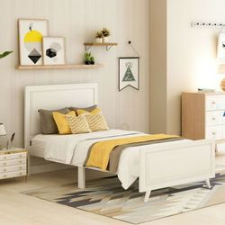 NEW White Twin Size Bed Frame Wood Platform Bed with Headboard and Slat Support