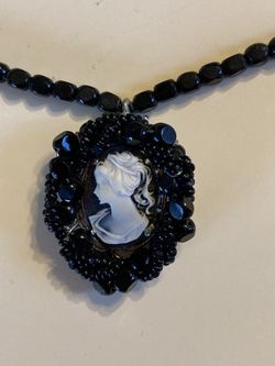 Black Friday Sale! Beautiful Black Beaded Cameo Necklace