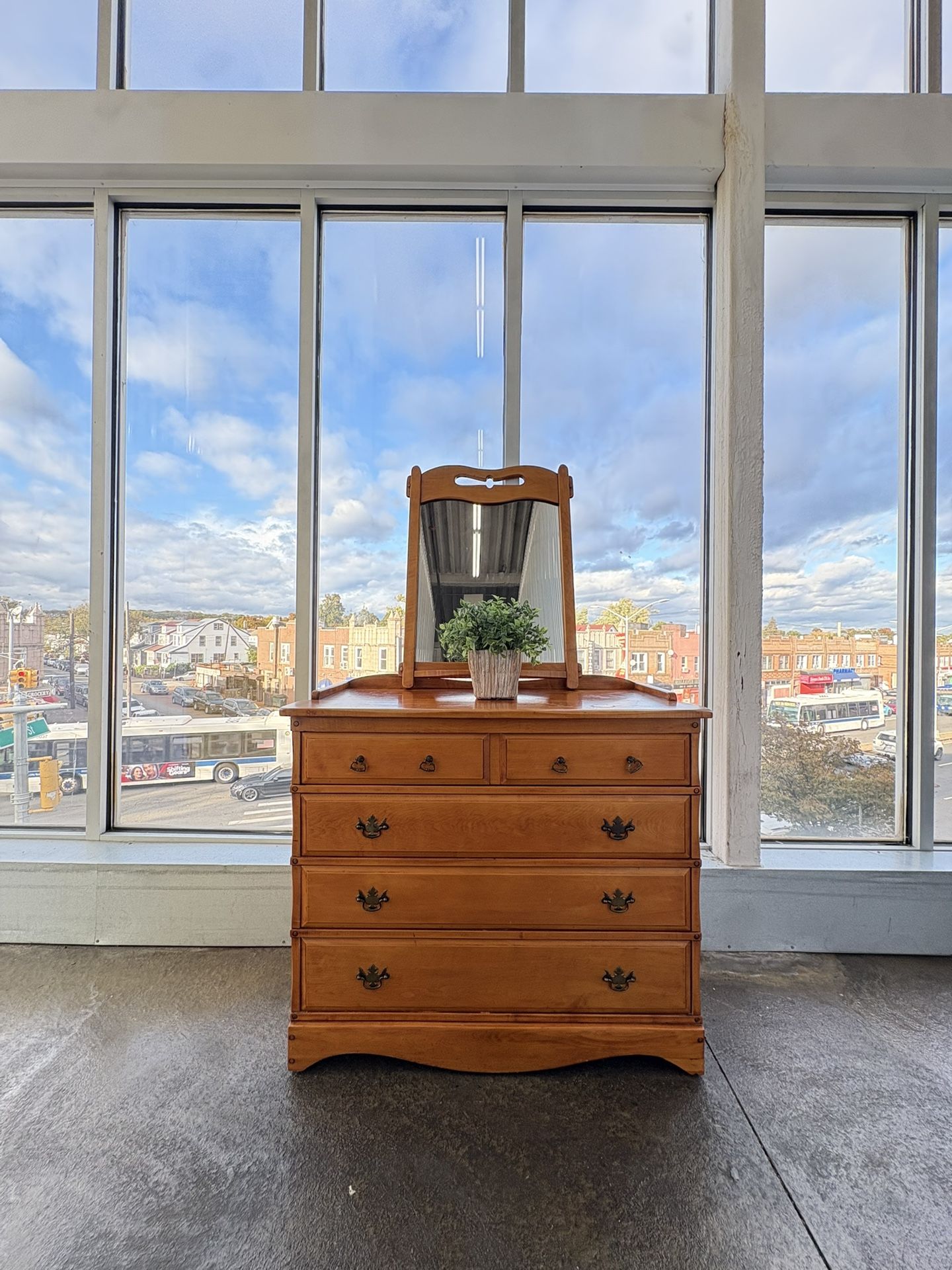 Vintage Traditional Midcentury Modern Minimalist Brown Wood Dresser Chest Of Draws with Removable Mirror
