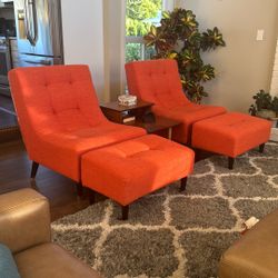 Mid Century Orange Chairs And Ottomans