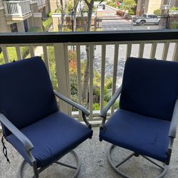 2 Wrought Iron Swivel Chairs w Navy Comfy Cushions