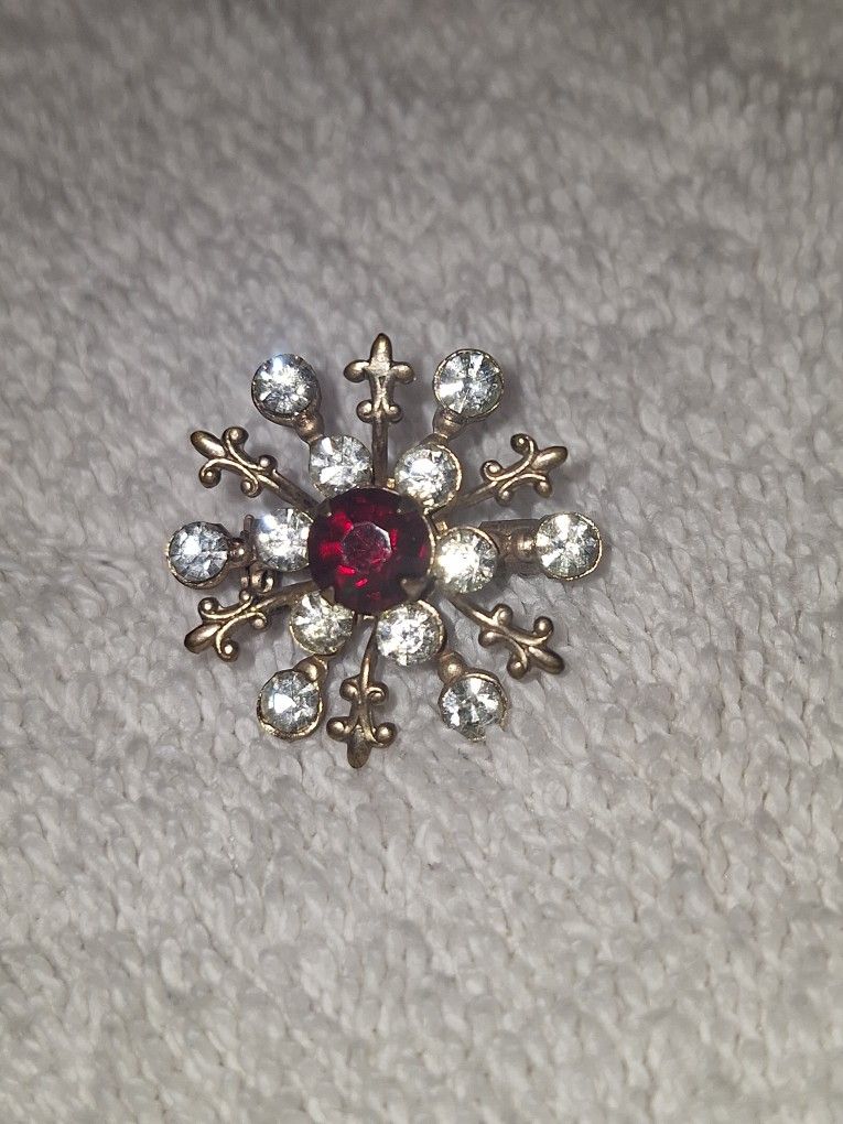Vintage Brass Red Stone Brooch