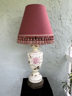 Vintage Satin Glass/Brass Handpainted Floral Table Lamp (H: 34”)