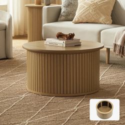Modern Round Coffee Table with Hidden Storage – Light Oak Finish