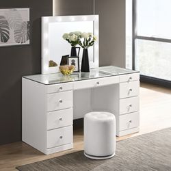 Brand New White High Gloss Lacquer Glass Top Vanity With LED Lights 