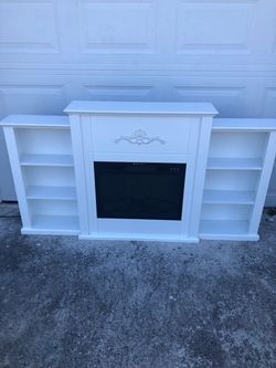 White Electric Fireplace Mantel with Side Bookcases