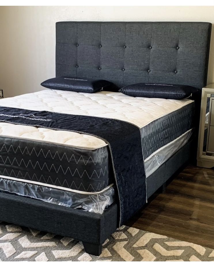 New Queen Size Dark Grey Bed Frame With Mattress And BoxSpring (And