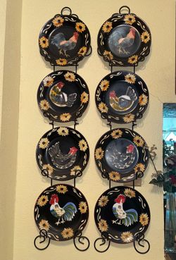 2 metal plate racks with 9 rooster plates