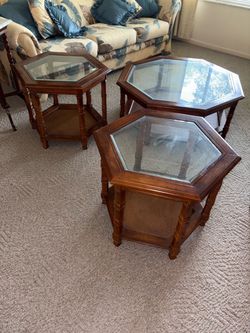 Set of 3 Hexagonal Wood and Glass Side Tables