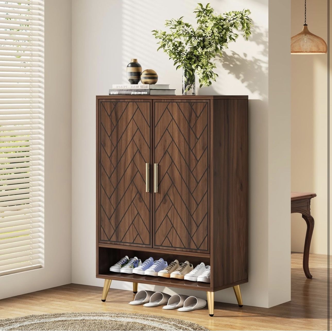 new assembled Walnut Shoe Cabinet with Doors, 6-Tier 24 Pairs Shoe Storage Cabinet for Entryway, Wooden Entryway Shoe Cabinet with Adjustable Shelves 
