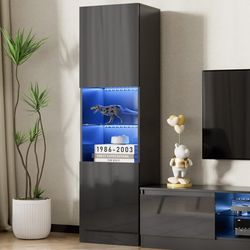 High Gloss Storage Cabinet with LED, Bathroom Storage Cabinet with Open Glass Shelf and Doors, Bookcase for Living Room, Office, Black
