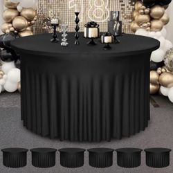 6 Pack 48" Diameter x 30" Height Black Table Skirt | Fits 4FT Round Tables | Polyester Spandex Cloths With Skirt | Stain, Wrinkle Resistant for Weddin