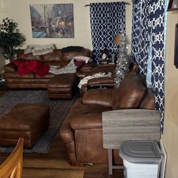Leather Couch With Two Chairs And  Two Ottomans 