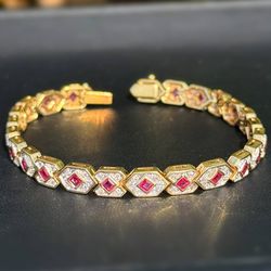 14k solid yellow gold 1.25CTW natural diamonds & 2CTW red rubies 7 inch 6mm fashion bracelet