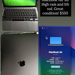 Apple MacBook Air M1 13 inch, 16gb RAM, 1 TB SSD